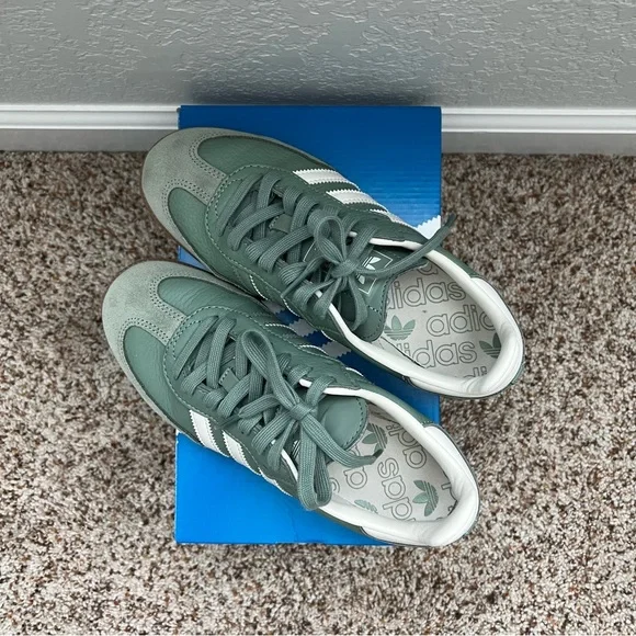 adidas Samba Sneakers in Sage Green with White Stripes and Gum Sole - Picture 3 of 4